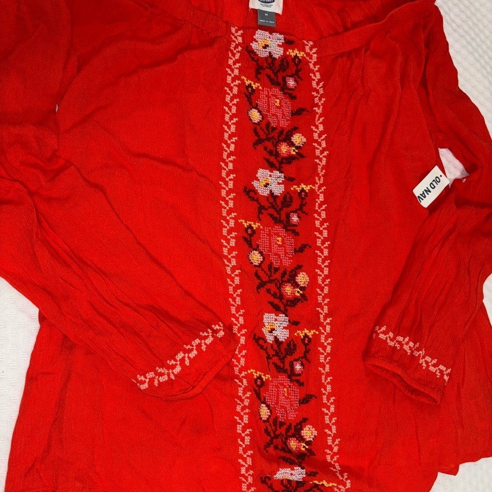 Old Navy Red Floral Embroidered Blouse